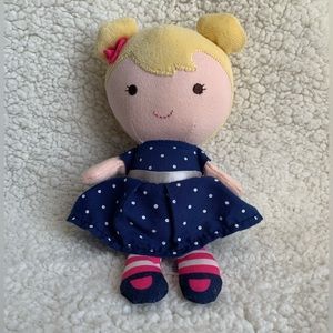 Carters Child of Mine 8 inch Yellow Hair Blue Dress Soft Stuffed Doll Rattle